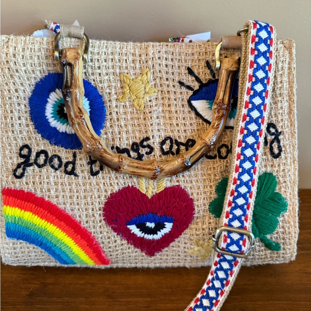 Embroidered Jute Crossbody Bag with Colorful Designs - Picture 4 of 5